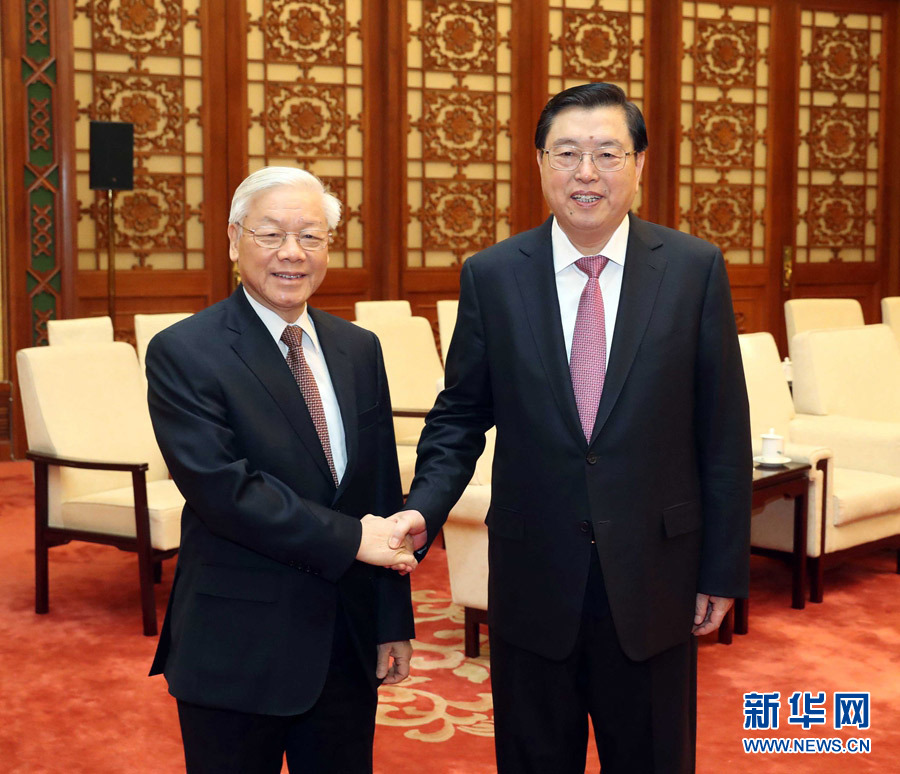 1月13日，中共中央政治局常委、全國人大常委會委員長張德江在北京人民大會堂會見越共中央總書記阮富仲。 新華社記者 劉衛(wèi)兵 攝