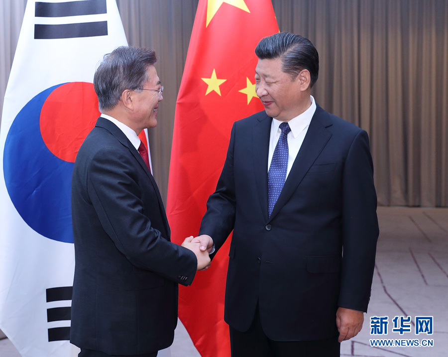 7月6日，國家主席習近平在柏林會見韓國總統(tǒng)文在寅。 新華社記者 王曄攝